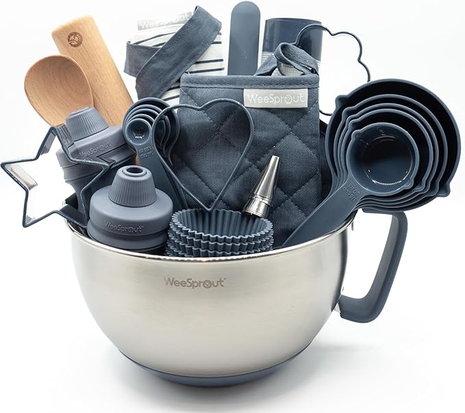 Ultimate Baking Kit for Kids - Kids Baking Set with Child Sized Utensils - Includes Apron, Oven Mitts, Silicone Mats & Liners - Perfect Cooking Set for Ages 6-12 - Navy Blue