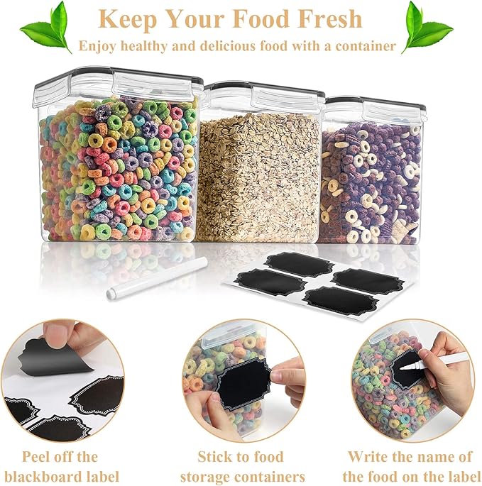 Cereal Container Food Storage Containers, Airtight Dry Food Storage Containers Set of 8 (2.5L/85oz) for Flour, Sugar, Cereal and Pantry Storage Containers with Black Locking Lids