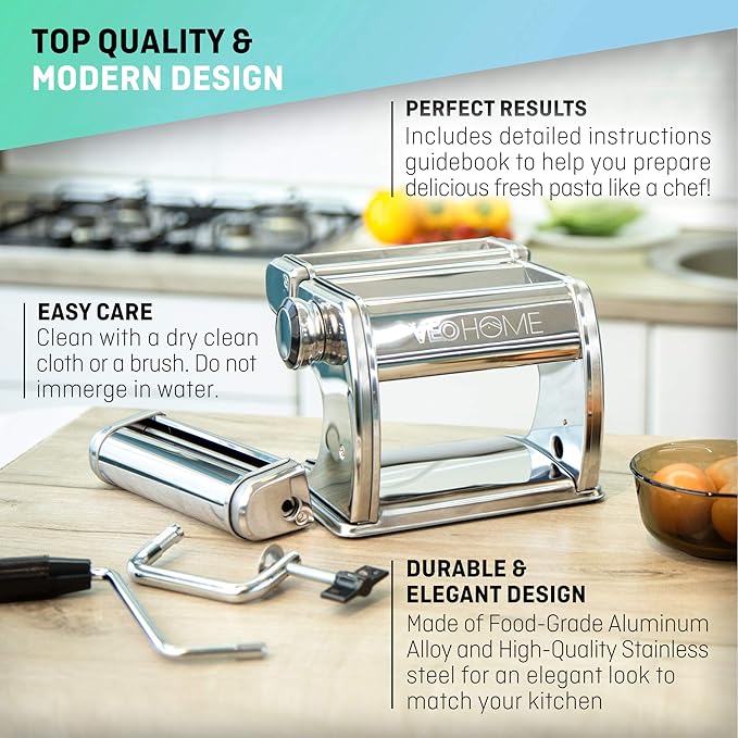 Manual Pasta Maker with Dryer - Multi-Pasta Stainless Steel Italian Flat Dough Machine with Adjustable Setting, Sharp Cutter, and Hand Crank - Fresh Homemade Noodles, Spaghetti, Lasagne | By VeoHome…