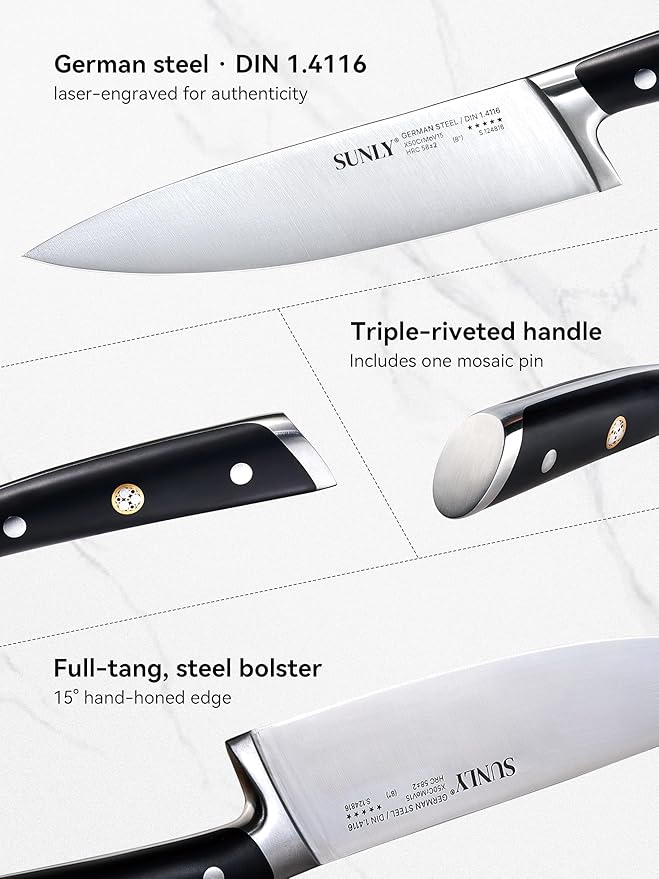 SUNLY 8 Inch Chef Knife, Professional Kitchen Knife Made of German High Carbon Stainless Steel, 58±2 HRC, Ultra Sharp Cooking Knife with Ergonomic ABS Handle, DIN 1.4116 for Home & Restaurant