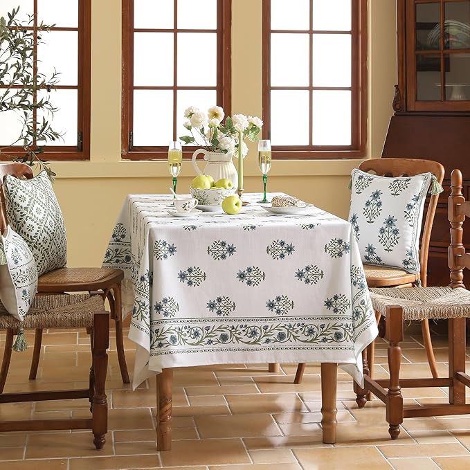 Floral Tablecloth for Rectangular Tables,Linen Table Cloth with Blue Flowers and Green Leaves,Heavy Durable Table Cover for Dining Thanksgiving Kitchen Party Banquet Christmas,67"*118"