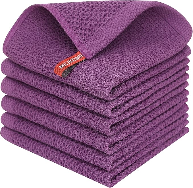Homaxy 100% Cotton Waffle Weave Kitchen Dish Cloths, Ultra Soft Absorbent Quick Drying Dish Towels, 12 x 12 Inches, 6-Pack, Purple