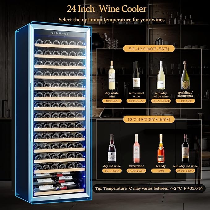 BODEGA 24 Inch Wine Cooler, 154 Bottle Refrigerator, Freestanding Wine Fridge with Intelligent Temperature Memory & Humidity Control, Upgraded Compressor, Quiet Operation