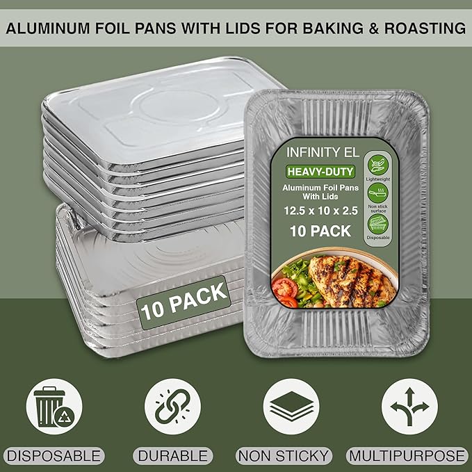 INFINITY EL Disposable Aluminum Foil Pans with Lids 10 Pack | Half-Size 12.5"x 10"x 2.5" Deep Disposable Baking Pan | Heavy Duty Aluminum Pan for Roasting Turkey, Lasagna, Thanksgiving, Christmas