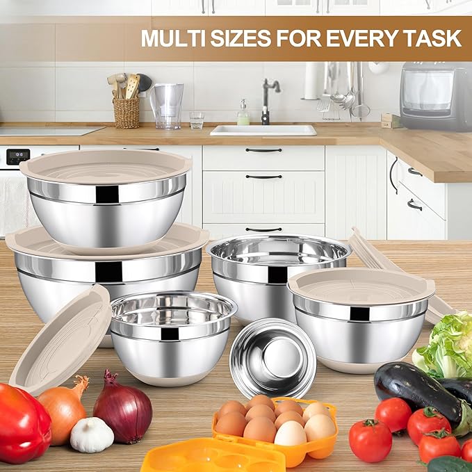 LIANYU 6 Piece Mixing Bowls Set with Airtight Lids, Size 7, 3.5, 2.5, 2, 1.5, 1QT, Stainless Steel Nesting Metal Bowls for Kitchen Baking Cooking Serving Food Storage, Non-slip Bottom, Khaki