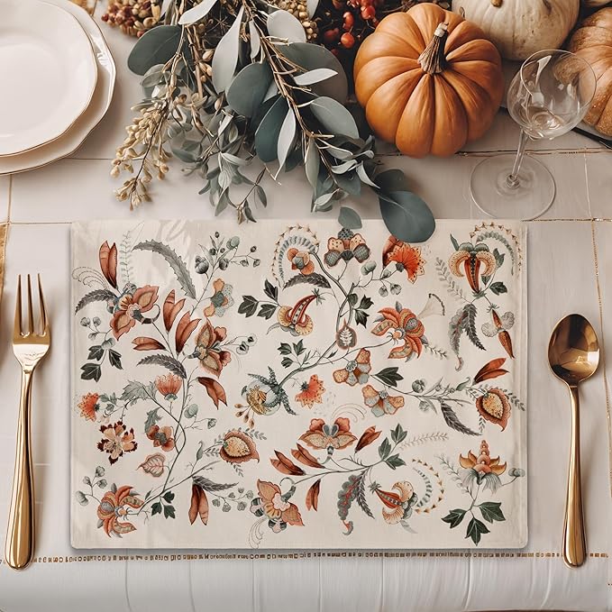 Maison d' Hermine Placemats Set of 4 100% Cotton Washable Cloth Place Mats, Reusable Table Mats for Thanksgiving Christmas Decorations Kitchen Dining Party Wedding Restaurant (Dalida, 13" x 19")