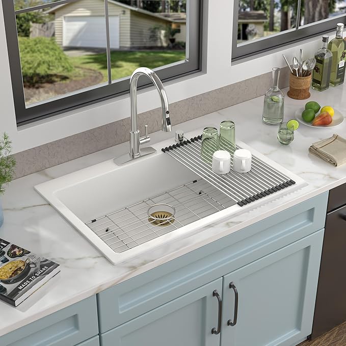 33 Granite Composite Kitchen Sink - Fulorni 33"×22" Granite Kitchen Sink Drop In Topmount White Quartz Classic Above Counter Single Bowl Sink Basin