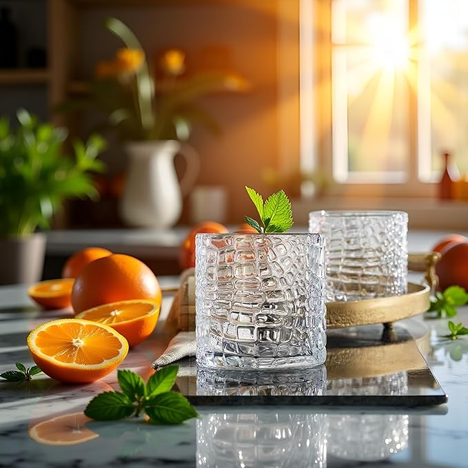 Glaver's DOF Set of 4 Clear 13oz Drinking Glasses Crackle Textured Design Double Old Fashioned Whiskey Glasses Home Everyday Bar Glassware