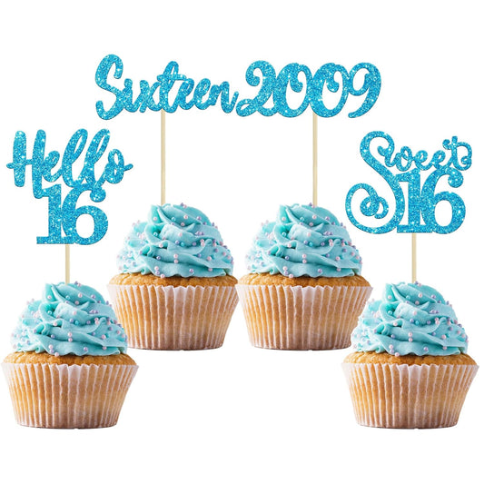 Gyufise 24Pcs Happy 16th Birthday Cupcake Toppers Glitter Hello 16 Sweet 16 Cupcake Picks Sixteen Years Old Birthday Cake Decorations for Celebrating 16th Birthday Anniversary Party Supplies Blue