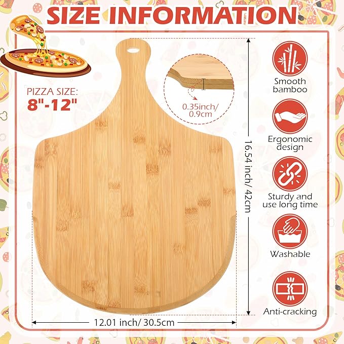 Norme 6 Pcs Bamboo Pizza Peel Set, Wooden Pizza Paddle with Handle, Wood Cutting Board, Oven Accessory for Breads, Cheese, Fruit, Vegetables, Kitchen Accessories(16.5 x 12 Inch)