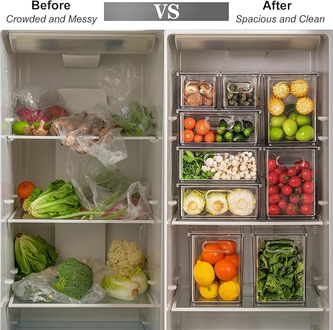 Taiuloo 3 Pack Stackable Refrigerator Organizer Bins with Pull-Out Drawer, Clear BPA-Free Food Storage Containers for Fridge Freezer, Kitchen Pantry Cabinet & Bathroom Vanity Organization