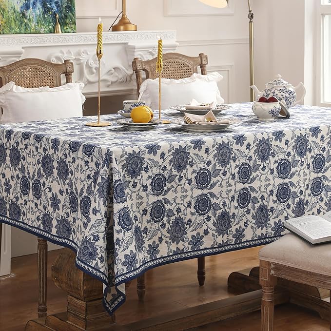 patdrea Designer Blue Tablecloth for Rectangle Tables,Vintage Elegant Linen with Paisley Floral Pattern Tablecloths,Farmhouse Flowers Table Cover Cloth Decor for Kitchen Dining Christmas,63"*87"