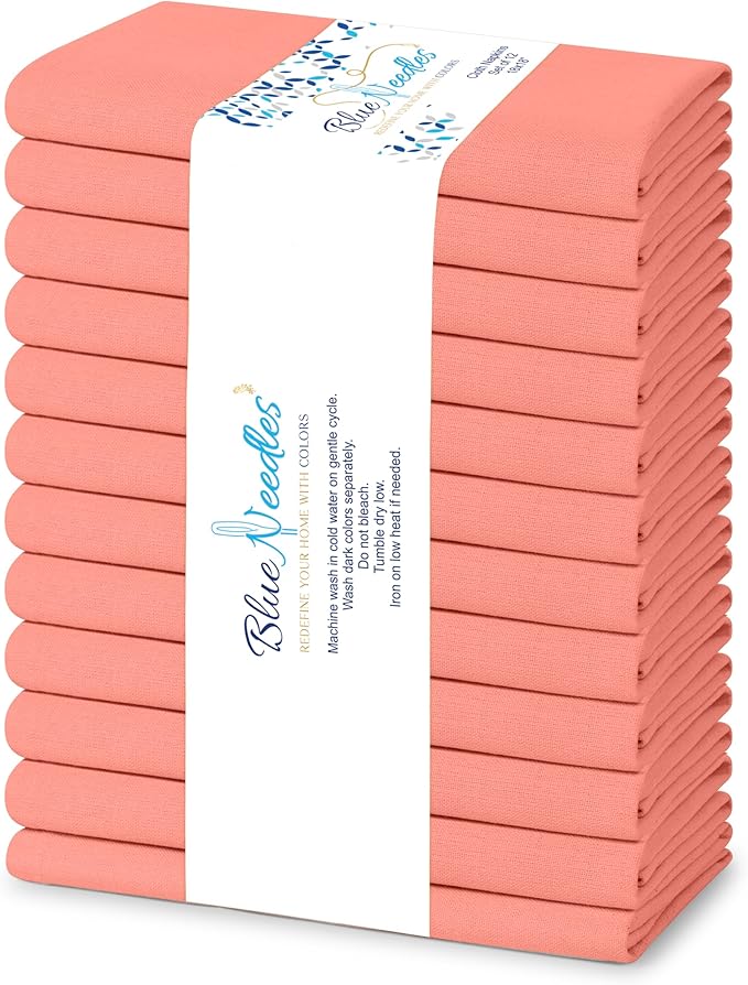 Blue Needles Solid Cloth Napkins Set of 12 Salmon 100% Cotton Dinner Napkins 18x18 inches - Soft, Reusable, Absorbent & Washable Fall Thanksgiving Linen, Ideal for Events, Parties & Everyday Use