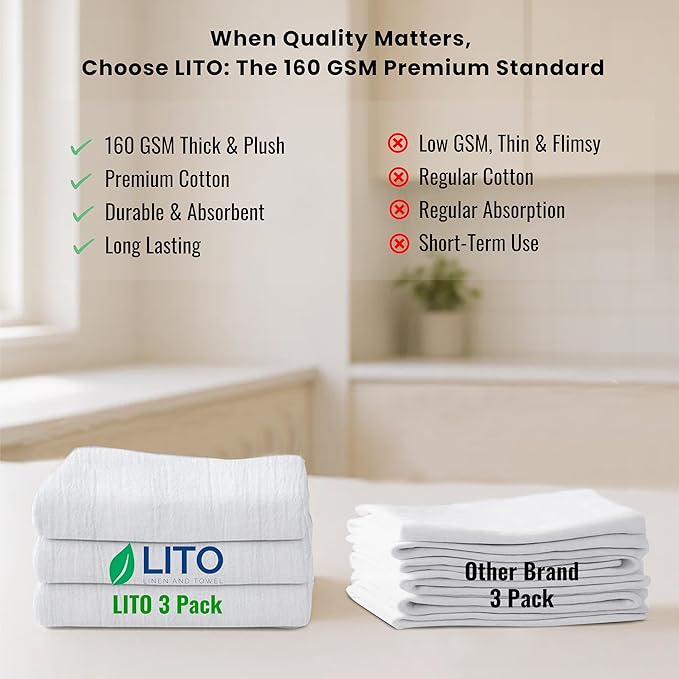 LITO LINEN AND TOWEL Flour Sack Towels - 100% Cotton Tea Towels for Crafts, Dish Towels for Kitchen, Embroidery, Cleaning, Baking (Pack of 3) - 18"x 28"
