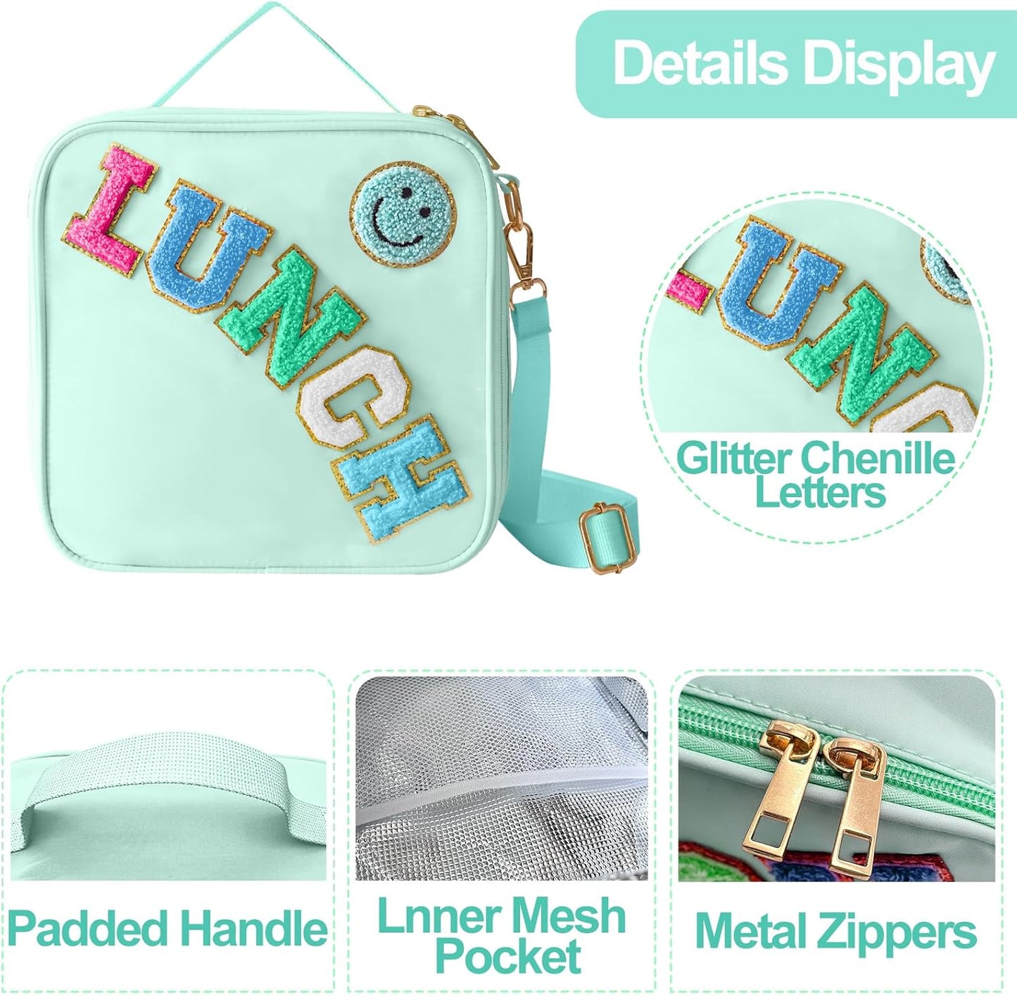 Insulated Lunch Bag With Adjustable Shoulder Strap, Nylon Preppy Lunch Box Large Insulated Lunch Bag Reusable Lunch Tote Bag with Smiley Preppy LunchBag for Girls School Travel Picnic (Green)