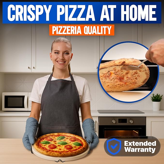 KitchenStar 14-inch Pizza Stone for Oven and BBQ Grill with Handles, Round, 5/8" Thick - Natural Cordierite, 1800 °F Resistant, Baking Stone Set with Stainless Steel Rack & Plastic Scraper Tool