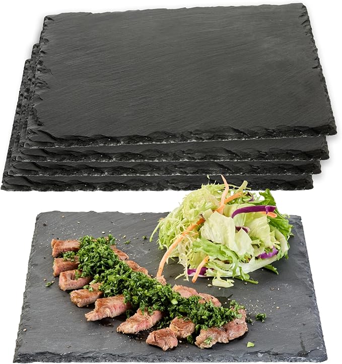 Restaurantware Slate Serving Trays 4 Pack of 10 x 10" Foam Feet Charcuterie Stone Plates Rustic Edges Freezable Black Square Serving Display Cheese Boards for Kitchen, Gourmet, Dining, Parties