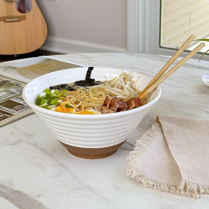 MORA Ceramic Ramen Bowl Set of 2, 45oz - Great for Pho, Miso Udon Soup, Instant Noodles, Serving, Thai or Asian Food - Microwave Safe Large Japanese Noodle Bowls, Modern Kitchen - Vanilla White