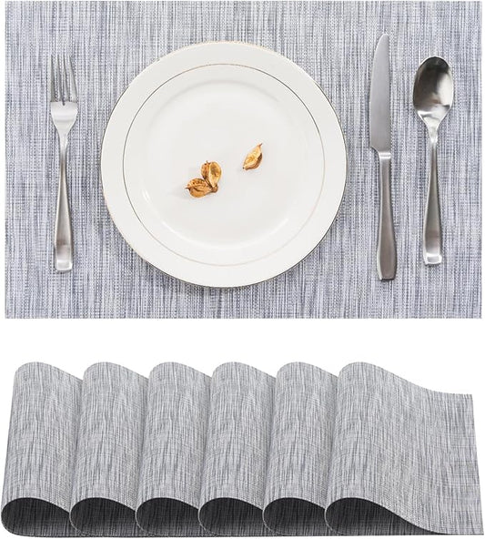 BACKTOEDEN Placemats Set of 6 Heat Resistant Washable Wipeable Placemats Woven Non-Slip Foldable Vinyl/Plastic Placemat Indoor/Outdoor Place Mats Kitchen Dining, Gray Silver Line