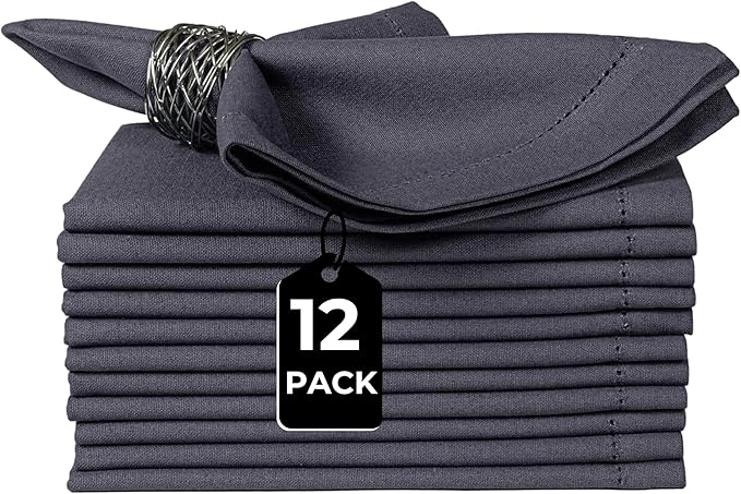 Bedding Craft Cotton Cloth Dinner Napkins Set of 12 – 18x18 Steel Grey with Hemstitched Mitered Corners – Machine Washable Reusable Napkins for Thanksgiving & Christmas