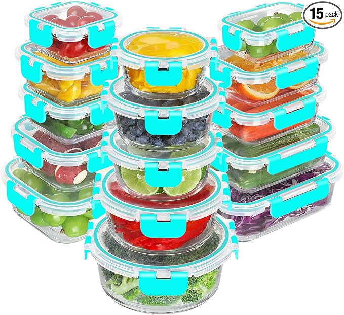 BAYZZ 30 Piece Glass Food Storage Containers Set, Glass Meal Prep Containers with Lids, Airtight Lunch Box, BPA-Free, Microwave, Freezer & Dishwasher Safe,Green