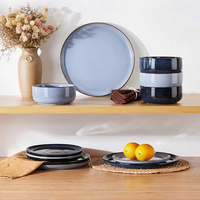 Herogo Stoneware Plates and Bowls Sets for 4, 12 Pieces Modern Dinnerware, Reactive Glaze Dishes Set for Kitchen, Chip Resistant, Microwave & Dishwasher Safe, Starry Blue & Haze Blue