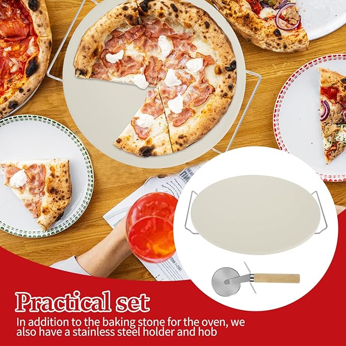 13 Inch Round Pizza Stone Pan, Heat Resistant Pizza Stone Baking Tray with Pizza Roller, Heavy Duty Cordierite Pizza Cooking Pan, Easy to Clean Baking Tool Set Suitable for Pizzas