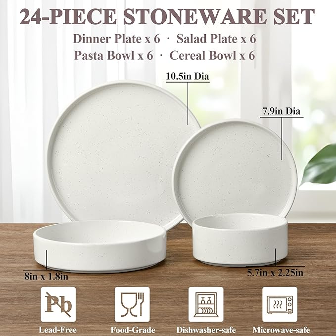 Herogo 24 Piece Dinnerware Sets with Pasta Bowls for 6, Dinner Salad Plates and Cereal Serving Bowls, Stoneware Dishes Dinner Ware for Kitchen Dining, Dishwasher & Microwave Safe, Speckled White