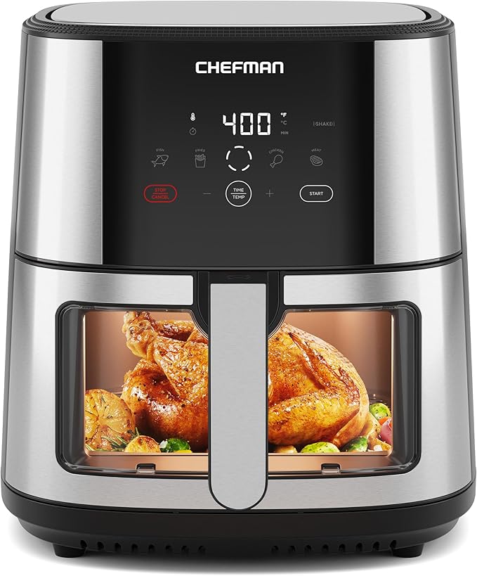 CHEFMAN Easy-View Air Fryer – 8 Qt Family Size with Viewing Window, One-Touch Digital Control with 4 Presets, Nonstick & Dishwasher Safe, Broil, Roast, Dehydrate, Bake, Auto-Shutoff, Stainless Steel
