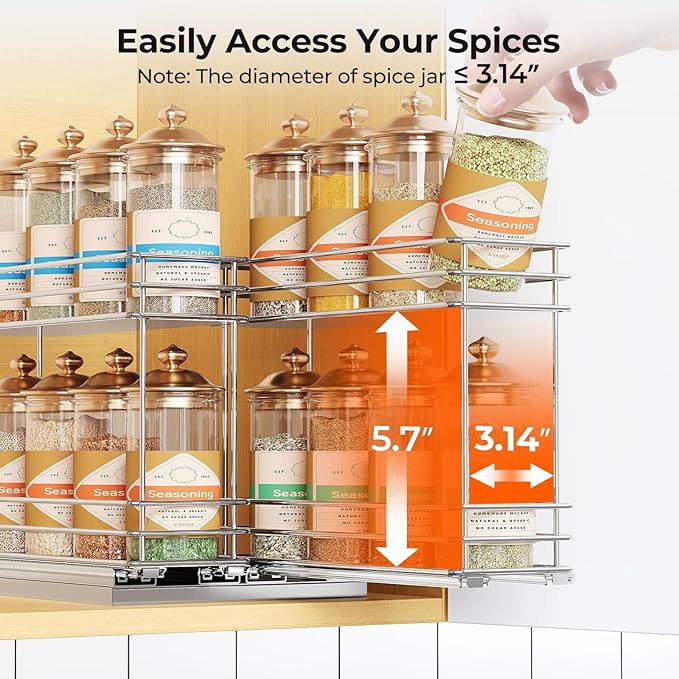 Pull Out Spice Rack Organizer for Cabinet, Slide Out Spice Racks, Easy to Install, 3.0''Wx10.35''Dx8.26''H, 2 Drawers 2 Tiers(Silver)