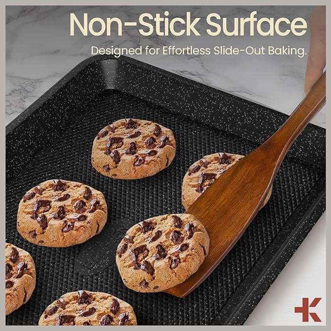 BAKKEN Kitchen Baking Pans - Nonstick Gray Coating, 13.58’’ × 9.65’’ Commercial Grade Carbon Steel Cookie Sheet, Diamond Texture Bottom, PFOA, PFOS, PTFE Free, Oven Safe Tray (450°F), Gray Marble