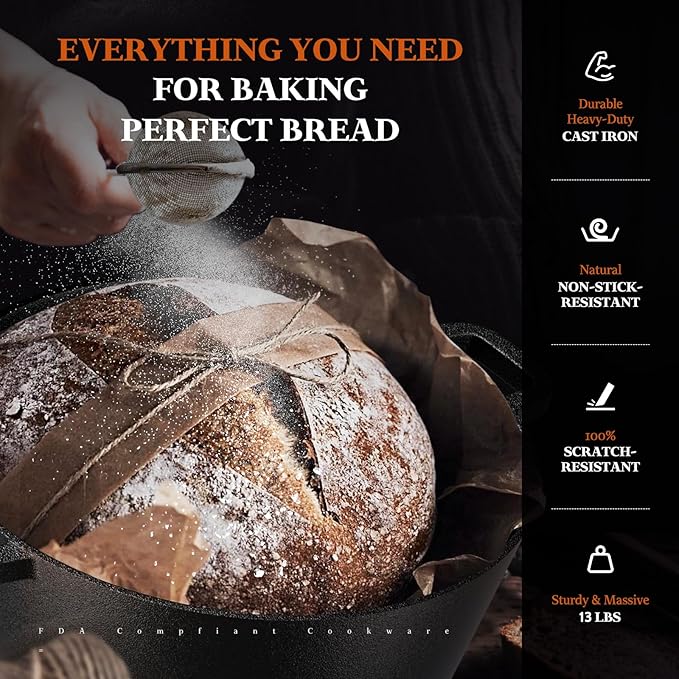 Cast Iron Dutch Oven for Bread Baking, 5QT Cast Iron Bread Pan with Lid, Sourdough Baking Supplies Tools like Banneton Proofing Basket, Bread Dutch Oven