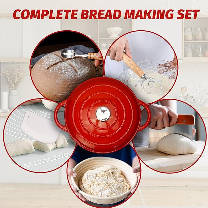 5QT Enameled Cast Iron Bread Oven with Proofing Basket for Bread Baking, Bread Making Supplies Tools,Heavy-Duty Cookware for Braising, Stews, Roasting, Bread Baking (Red)