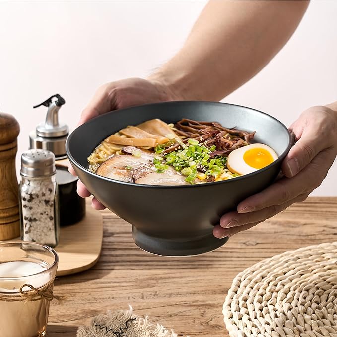 Ceramic Japanese Ramen Bowl Set, 8 Inch Large Noodle Bowl Set of 2, Dishwasher Safe for Asian Pho Udon Soba Noodle, Salad Pasta, Deep Soup Bowls, Black Reactive Metallic Color