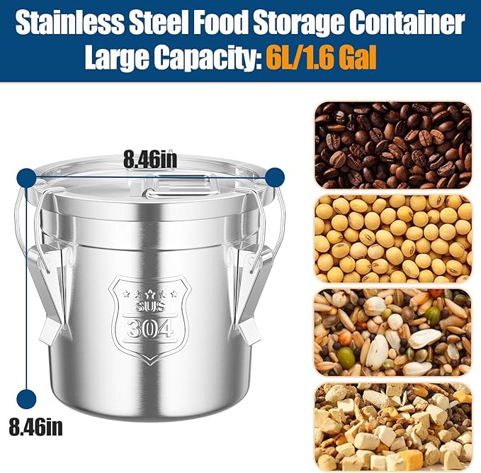 304 Stainless Steel Airtight Canister for Kitchen, 1.6Gal Stainless Steel Food Storage Containers with Lids and Sturdy Locking Clamp, Air Tight Containers for Flour Grain Coffee Bean Sugar Tea, 6L