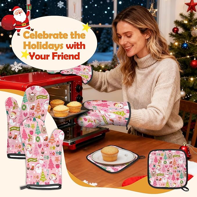 Oven Mitts Pot Holders Set 3 for Kitchen, Merry Christmas Insulation Oven Gloves Heat Resistant Pot Pads Cook Essentials Accessories for BBQ Baking Cooking Kitchen Decor Gifts for Women