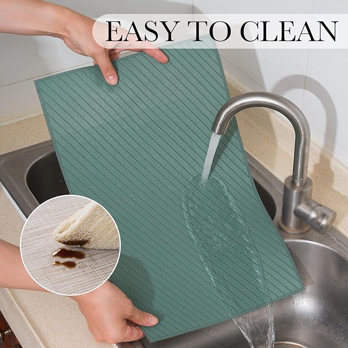 BACKTOEDEN Placemats Set of 6 Heat Resistant Washable Wipeable Placemat Woven Non-Slip Foldable Vinyl/Plastic Place Mats Indoor/Outdoor Mat Kitchen Dining Table Pad, Green Twill