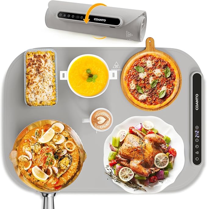 Coanto Food Warming Mat, Electric Warming Tray for Buffets & Parties, Silicone Heating Mat with 7 Temperature Settings, Roll-Up Storage, 17.91"x12.8", Light Grey