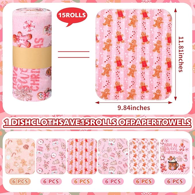 36 Pack Reusable Cleaning Cloths Washable Cotton Kitchen Dish Towels for Home Christmas Party Supplies Bulk, 9.84x11.81in (Pink Gingerbread)