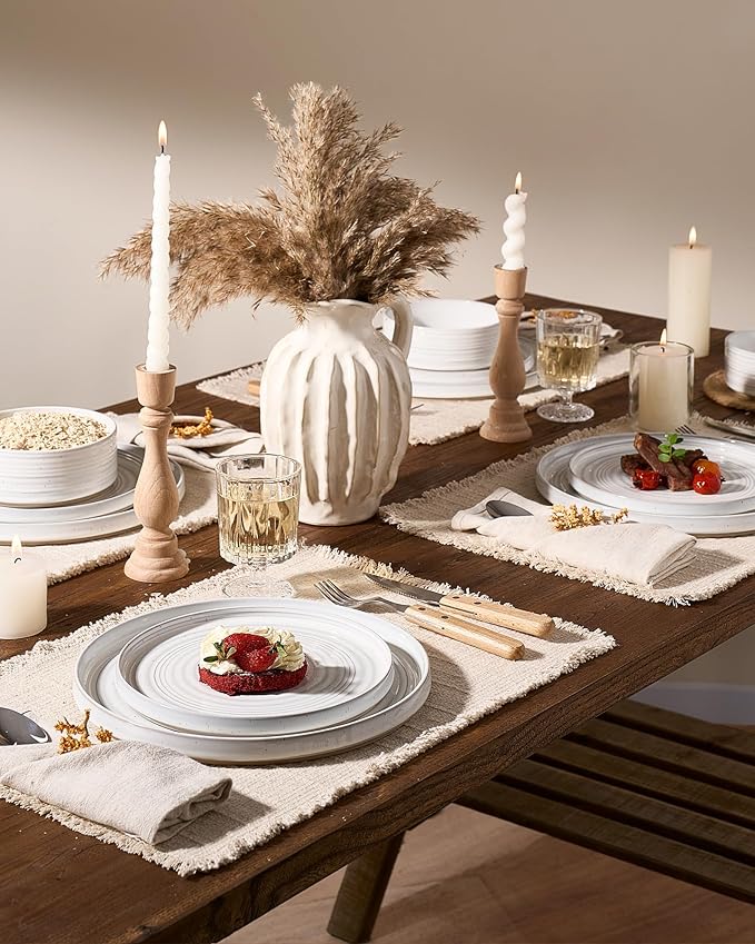 Stoneware Dinnerware Sets, Dish Set for 4, 12 Pieces Spiral Dishware Set with Straight Rim, Speckles & Reactive Glaze - Microwave and Dishwasher Safe Tableware, White