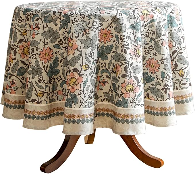 Floral Tablecloth for Round Tables,Linen Table Cloth with Gray-Green Tone and Silver Lotus Pattern,Heavy Durable Table Cover for Dining Kitchen Decor Party Christmas,Diameter 67"