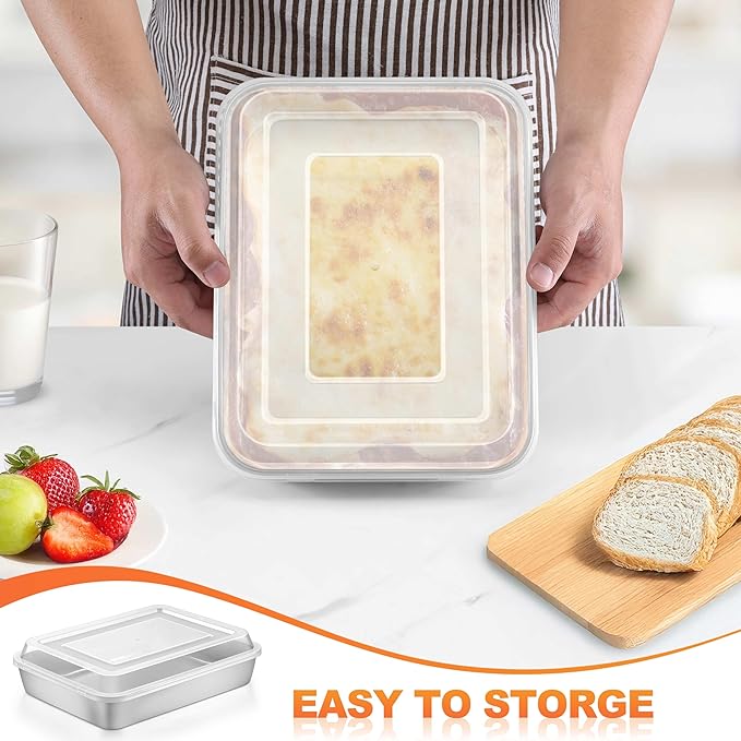 Herogo Baking Pan with Lid, 8 x 10 Inch Nonstick Rectangle Stainless Steel Cake Pan Sheet, Deep Cakes Bakeware with Lid for Brownies Casseroles, Non Toxic & Dishwasher Safe, Set of 2