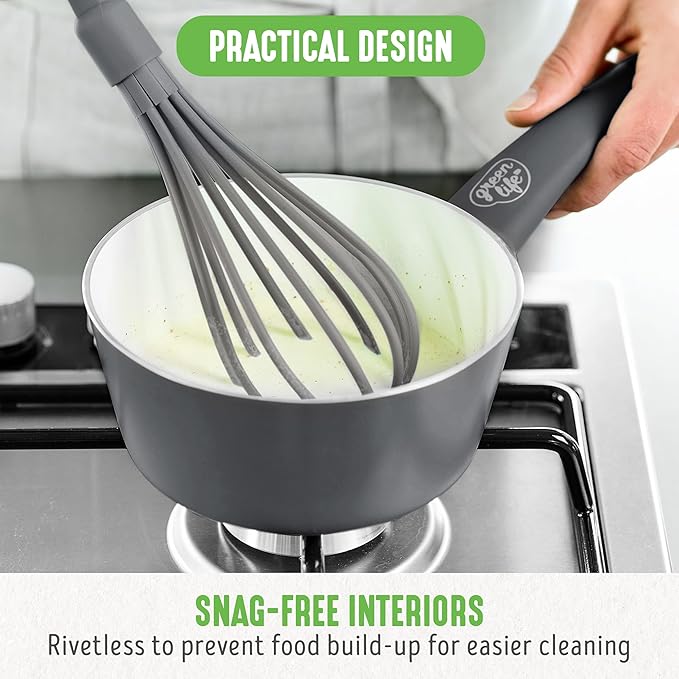 GreenLife 16 Piece Nonstick Cookware Set, Soft Grip Non-Toxic PFAS-Free Ceramic Pots & Pans, Dishwasher & Oven Safe, Frying, Sauce, Saute, Utensils, Glass Lids, Stay-Cool Handles, Wobble Free, Gray