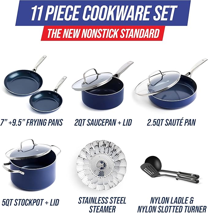 Blue Diamond 11 Piece Cookware Set, Diamond Infused PFAS & PFOA-Free Ceramic Nonstick Pots and Pans, Durable Nontoxic Metal Utensil Safe & Scratch Resistant, Dishwasher & Oven Safe, Blue