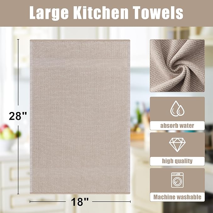 Homaxy Premium Kitchen Towels(18”x 28”, 6 Pack), Large Cotton Kitchen Hand Towels, Flat and Terry Dish Towels, 380 GSM Highly Absorbent Tea Towel Set with Hanging Loop, Khaki