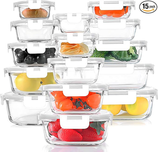KOMUEE 30 Pieces Glass Food Storage Containers Set, Glass Meal Prep Containers Set with Snap Locking Lids, Airtight Glass lunch Containers, Microwave, Oven, Freezer & Dishwasher,White