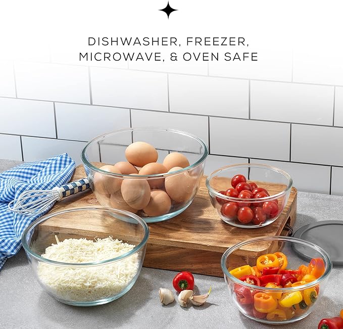 JoyJolt Kitchen Mixing Bowls - 8pc Glass with Lids Set – Neat Nesting Large Bowl Batter Cooking Storage and Big Salad BPA-Free Gray