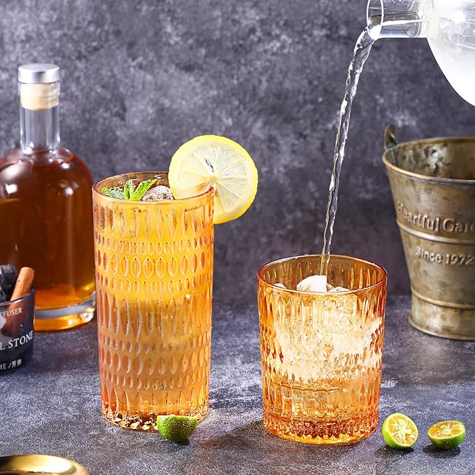 Glassware Drinking Glasses Set of 8, 14 oz Highball Glasses & 10 oz Ribbed Glass Cups, Vintage Glassware for Water, Juice, Cocktail (Thanksgiving Amber)