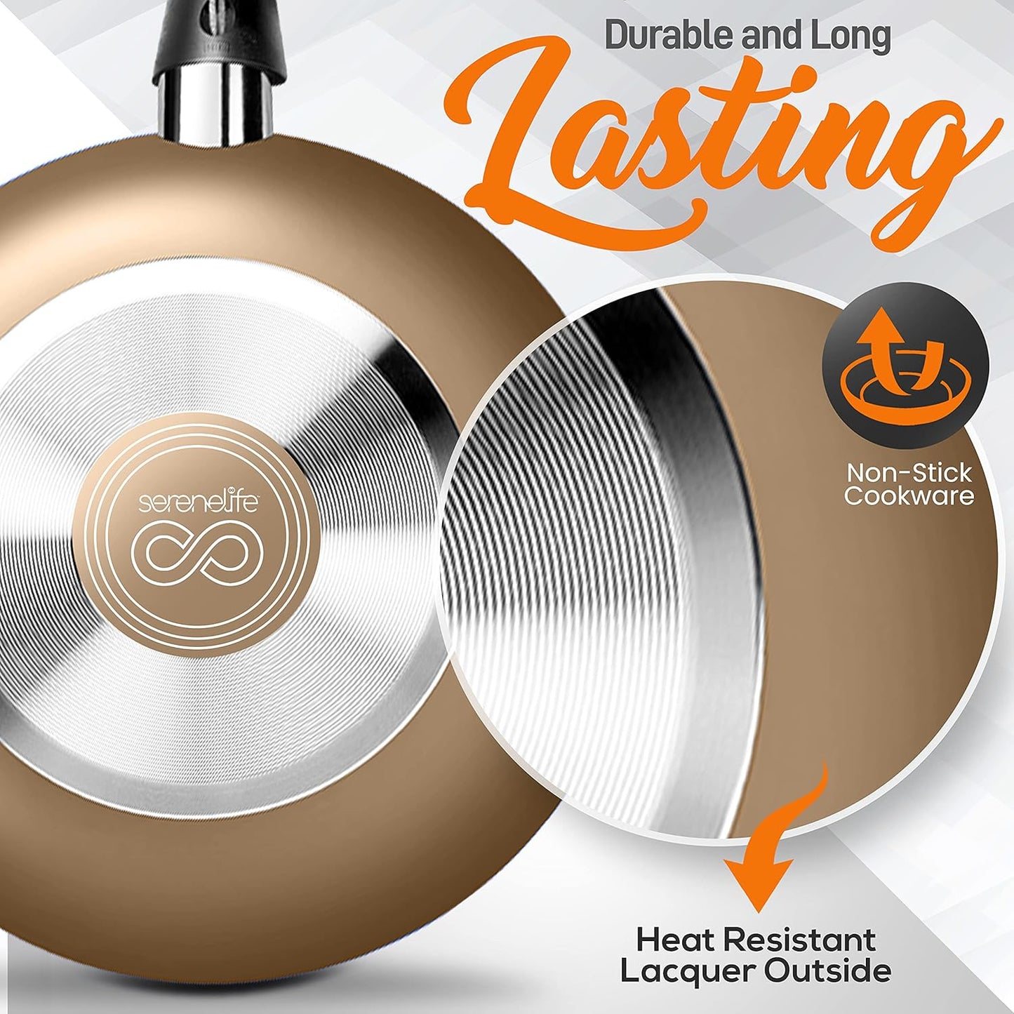 SereneLife Kitchenware Pots & Pans Basic Kitchen Cookware, Black Non-Stick Coating Inside, Heat Resistant Lacquer (15-Piece Set), One Size, Gold