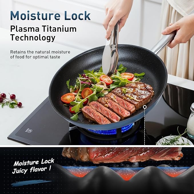 MAISON ARTS Plasma Titanium Coating Non stick Cookware Sets, 6 Piece Induction Pots and Pans Set, Non-Toxic Deep Frying Pan and Casserole with Silicone Glass Lid